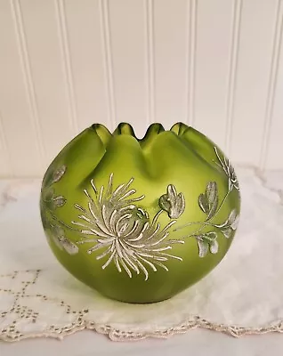 Antique Art Nouveau Satin Green Glass Rose Bowl Vase HP Enameled Floral Design • $39