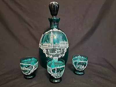 Italian Emerald Green Decanter Set With Intricate White Embossing • $35