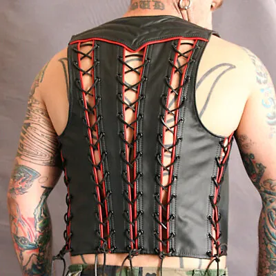 Men's Real Leather Bartender Vest Quilted PanelsLaces Up&Colored Trims Bar Vest • $99