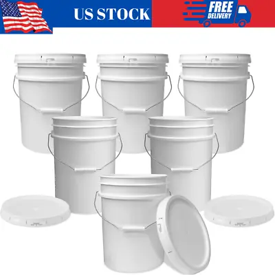 5 Gallon Plastic Bucket With Lid Pail Set Of 6 Food Grade Storage BPA Free White • $63.55