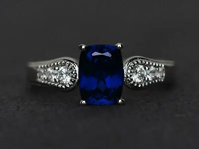$159.99 • Buy 2.2ct Cushion Sapphire Simulated Diamond Accent Solitaire Ring White Gold Plated