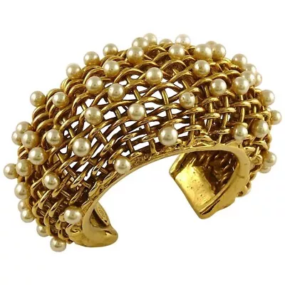 Chanel Vintage 1988 Gold Toned Braided Pearl Wide Cuff Bracelet • $2227