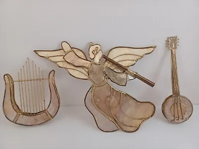 Vintage Capiz Shell Angel W/ Horn / Lute / Harp 3 Ornaments Tree Gold Tone Trim  • $14.60