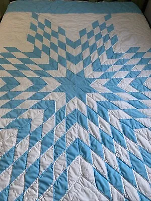 $300 • Buy Vintage Quilt Lone Star 75x88 Blue White Hand Quilted (s2)