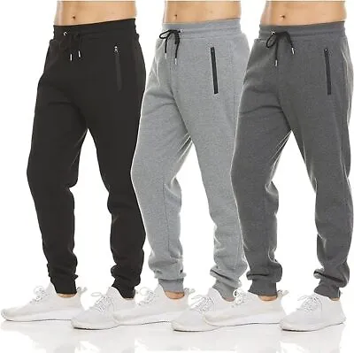 3 PACK: Men's Fleece Lined Slim Fit Casual Tech Jogger Sweatpants Zipper Pockets • $37.29