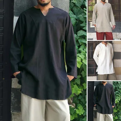 £18.99 • Buy INCERUN Mens Long Sleeve Cotton Linen Shirt V-Neck Tees Formal Ethnic Tunic Tops