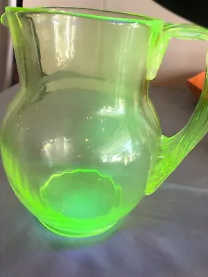 VINTAGE 8  Uranium Vaseline Heavy Green Glass Pitcher #F36 • $69.94