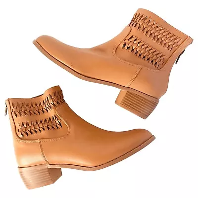 PRINCESS HIGHWAY Tan WEAVE BOOT Zip Close Block Heel Vegan Leather Rrp $99 Sz 37 • $40