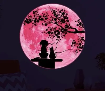 NEW 8” Pink Glow In The Dark Full Moon With Dog & Cat Shadow Wall Sticker Decal • $14.99