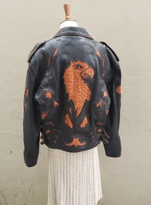 Vtg Mens Leather Inlay Eagle Motorcycle Biker Jacket Custom Lambskin Ostrich • $1100