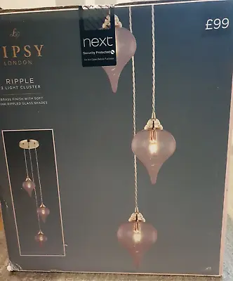 £79.99 • Buy LIPSY Ripple 3 Light Cluster Pendant Light Brass Finish Pink Ripple Glass Shades