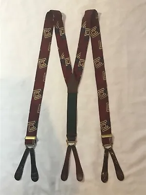 POLO RALPH LAUREN Vintage Y Suspenders Braces Burgandy Geo Button Runner End • $29.95