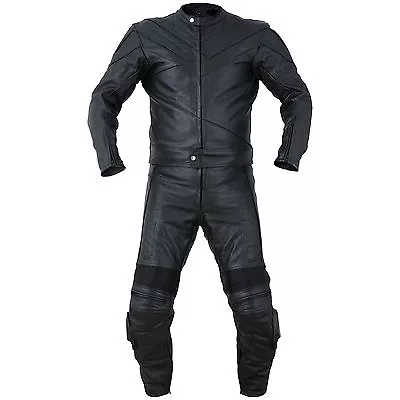 2PC Motorcycle Biker Original Drum Dyed Cowhide Race Suit CE Armor Black RS2 • $209.99