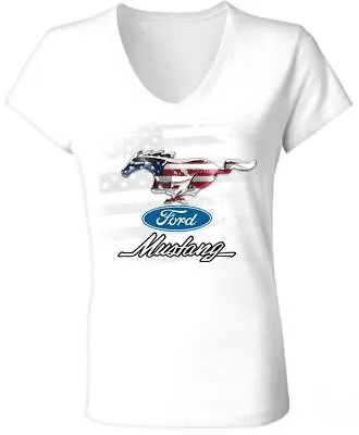 Ladies Patriotic Mustang Running Horse V-Neck T-Shirt - Show Your American Pride • $35.41