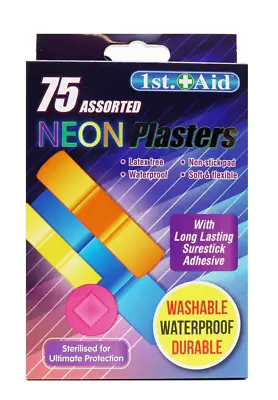 75 Assorted Neon Plasters Latex Free Waterproof Colourful Plaster Kids Work Soft • £2.95