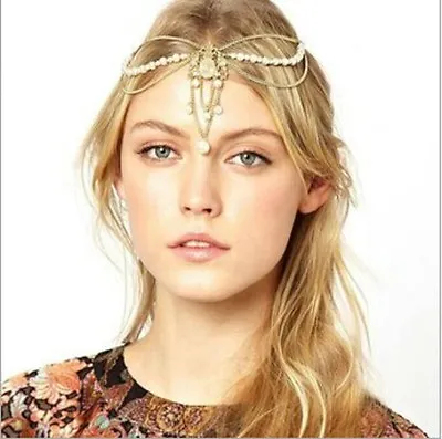 £3.99 • Buy Boho Women Pearl Gold Wedding Headdress Headband Head Band Crown Chain Headpiece