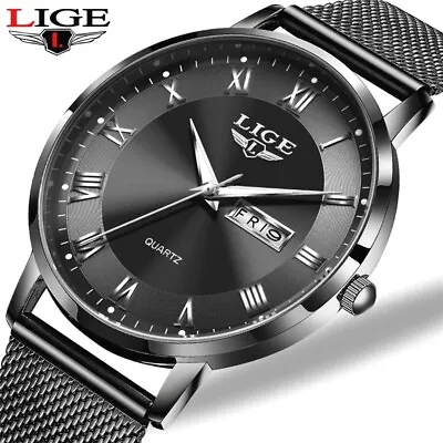 LIGE Mens Watch Ultra Thin Mesh Strap Stainless Steel Quartz Calender Boxed • £23.99