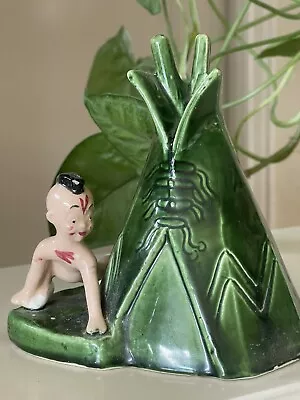 Mid Century Indian Boy With Mohawk Teepee Planter Ceramic Green 5.5 Inch • $14.99