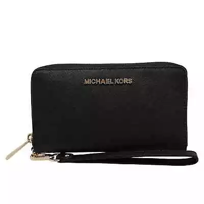 MICHAEL KORS Black Saffiano Leathet Wallet Wristlet Phone Case Gold-Tone • $45