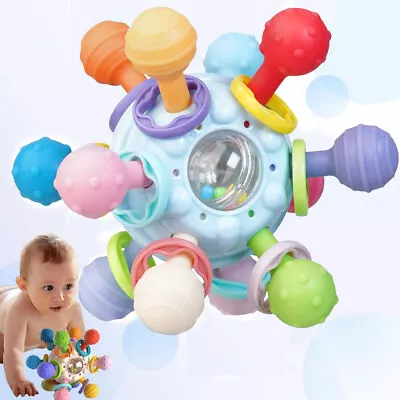 Silicone Teether Baby Sensory Toys 0-12 Months Rotating Rattle Ball Grasping Toy • £7.41