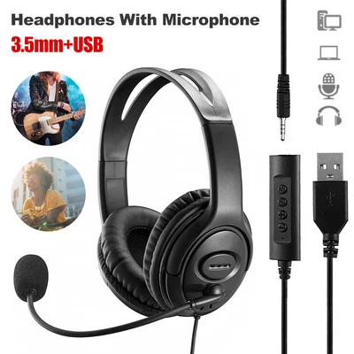 £12.99 • Buy USB Headphones Noise Canceling Headset With Microphone For Call PC Laptop Skype