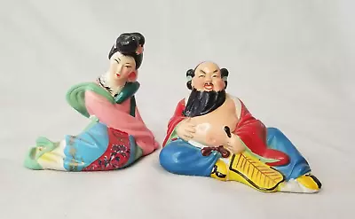 Mid Century Chinese Asian Couple Man & Woman Chalkware Figures 4.5  Napco Lefton • $31.19