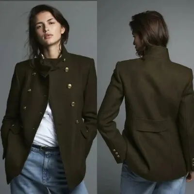 ZARA BLOGGER FAVE MANTECO Italian Wool ArmyGreen Military Style Pea Coat Sz M • $79