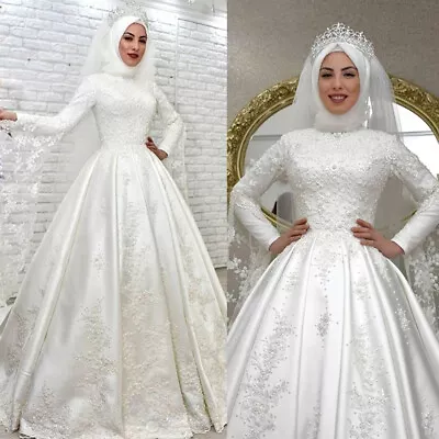 Muslim High Neck Wedding Dresses Satin Long Sleeves Lace Appliques Ball Gowns • $137.01