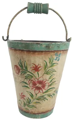 Vintage Hand Painted Wood Bucket Metal Handle & Bands Garden Country Cottage • $59.95