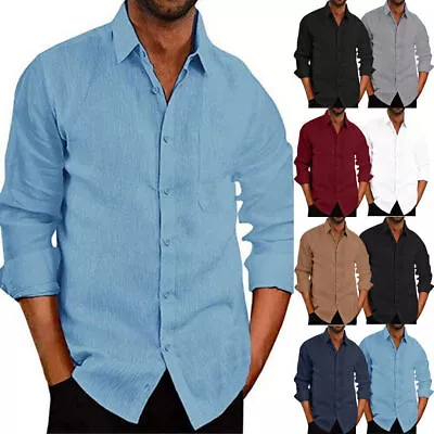 Mens Button Down Long Sleeve Solid Shirts Casual Fit Formal Dress Tops Tee Shirt • £2.99