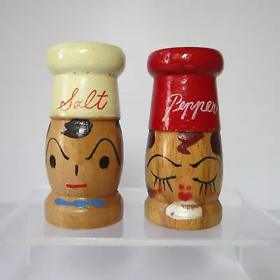 Set 2 Vintage Wood Chef Salt & Pepper Shakers Man Woman Wooden Made Japan • $12