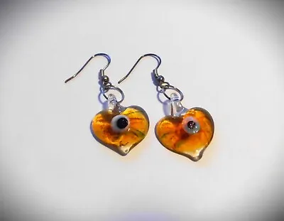 EVIL EYE HEART SHAPED EARRINGS AMBER MURANO STYLE DANGLERS  NEW *Spring Sale* • $4.49