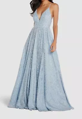 $395 Aidan By Aidan Mattox Women's Blue Beaded Sequin Gown Dress Size 12 • $126.78