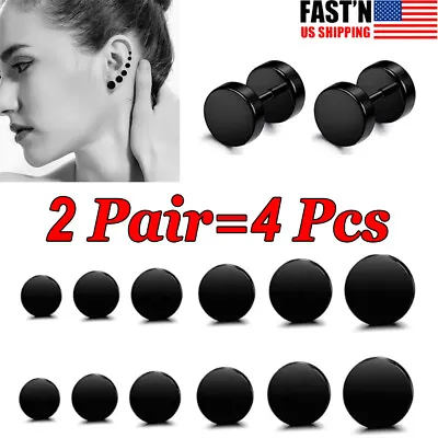 Black Stud Earrings Men Women Faux Gauges Ear Tunnel Stainless Steel Earrings • $5.89