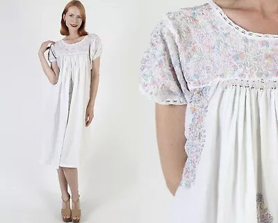 Pastel Floral Embroidered Oaxacan Dress Vtg Cotton Embroidered Mexican Cover Up • $117.80