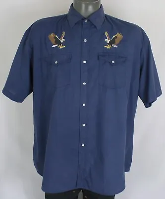 Vintage High Noon Embroidered Eagles Pearl Snap Blue Western Rodeo Shirt Mens XL • $29.99