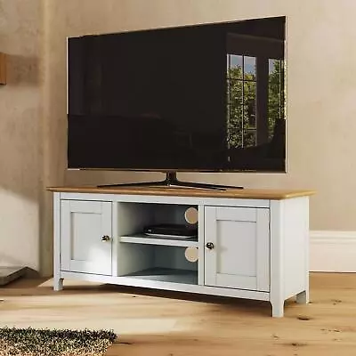 Large 2 Door TV Unit Linen Cream Solid Oak Living Room Assembled • £149.95