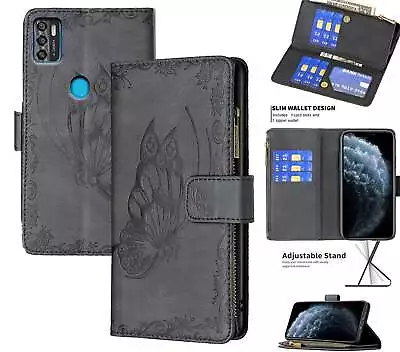 Zte Blade A7s 2020 Suede Wallet Butterfly Emobssed 9 Card Zip Pocket • $13.50