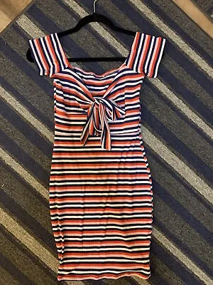Red White Blue & Baby Pink Striped Mini Dress That Ties In A Bow On The Front • £34.71