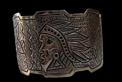 Maciel Mexican Sterling Silver Indian Chief With Flowers Hammered Cuff Ca. 1940s • $395