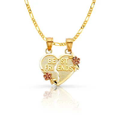 14K Yellow Gold BEST FRIENDS Couple Heart Pendant &2mm Figaro 3+1 Chain Necklace • $385