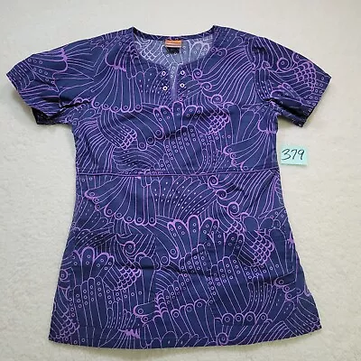 NRG By Barco Scrub Top Women's XS Fitted Pockets Blue Purple Buttons Pre-owned • $11.69