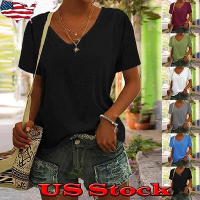 $9.99 • Buy Women's V Neck Loose Fit T Shirt Summer Short Sleeve Basic Tee S/M/L/XL/2XL