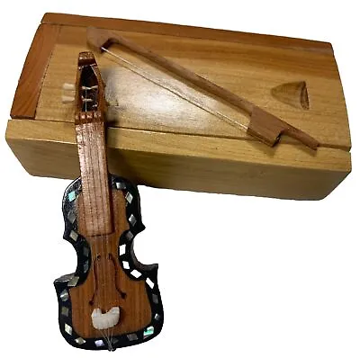 Miniature Wooden Violin Mother Of Pearl Inlay W/ Bow And Wooden Box • $59.50