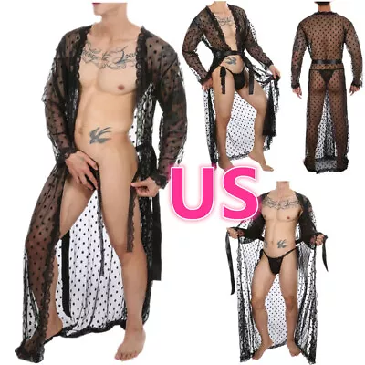 US Men's Long Sleeve Kimono Bathrobe See-through Nightdress With G-string Thongs • $16.28