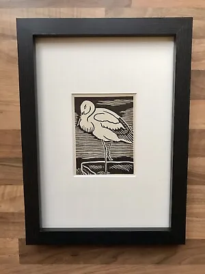 £17 • Buy ‘White Stork’- Framed Woodcut Bird By Raphael Nelson, Dated 1940s