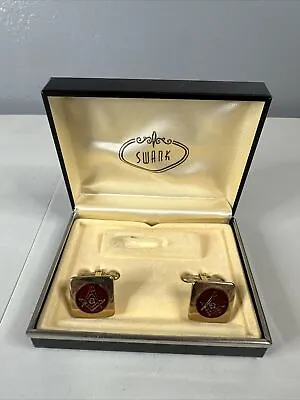 Vintage Swank Gold Etched Red Glass Masonic Cuff Links • $12.88