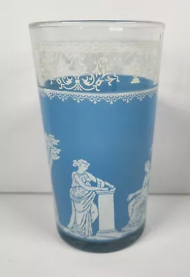 Light Blue Corinthian 5  Tumbler Glasswith Greek Figures By Jeanette Glass • $6.99