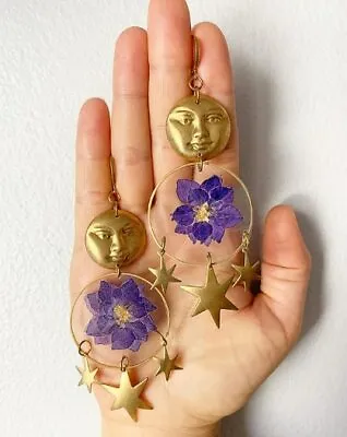 $4.41 • Buy Flower Jewelry - Moon Star Jewellery -,Dried Flower Celestial Earrings Jewellery