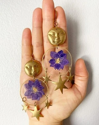 $4.41 • Buy Flower Jewelry - Moon Star Jewellery -,Dried Flower Celestial Earrings Jewellery